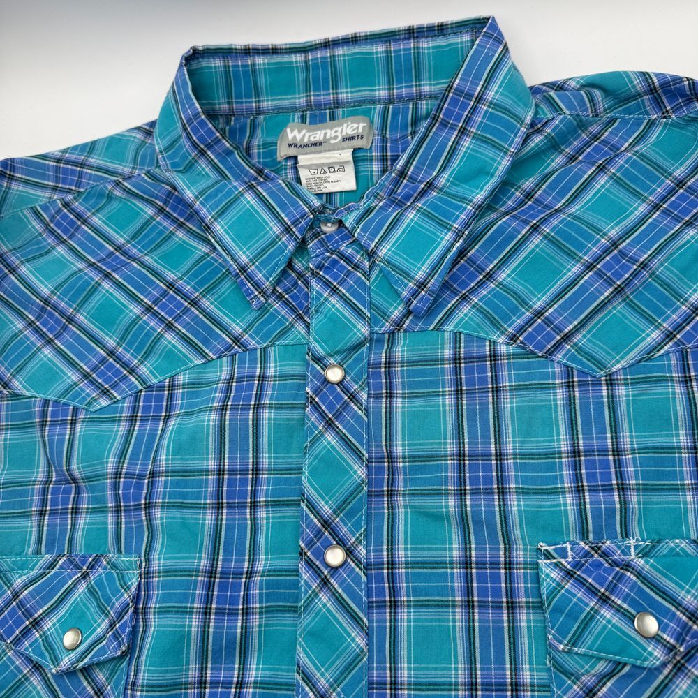 Wrangler‎ Wrancher Western Plaid Pearl Snap Shirt Turquoise Blue Cowboy 3XL